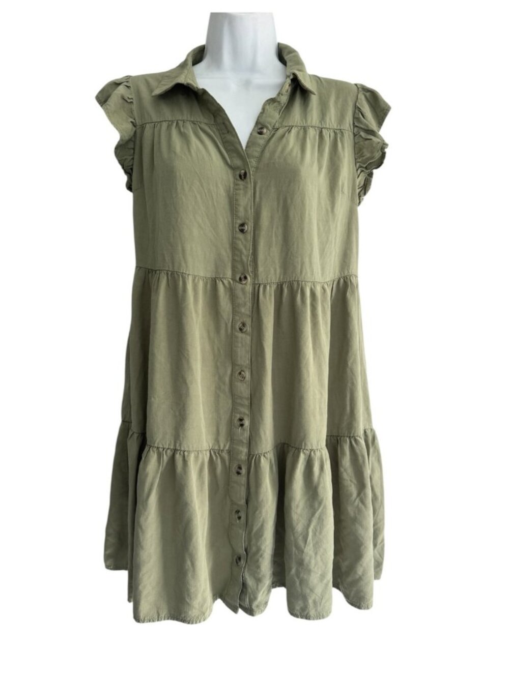 Lucky Brand Olive Green Tiered Shirt Dress Ruffle Sleeve Sundress Dress Medium